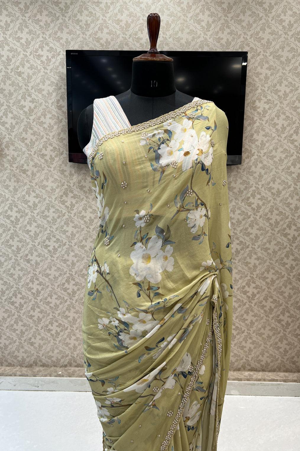 Pista Green Floral Print Pearl and Beads work Saree with Matching Unstitched Designer Blouse - Seasons Chennai