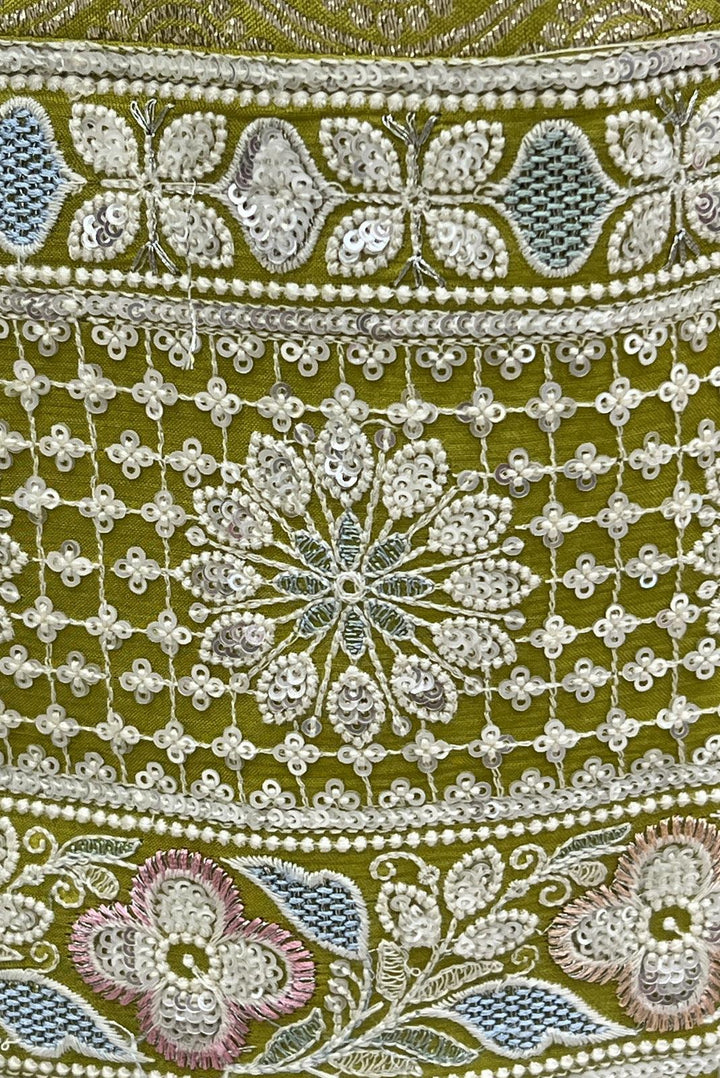 Parrot Green Banaras, Zardozi, Beads, Sequins and Thread work Crop Top Lehenga - Seasons Chennai