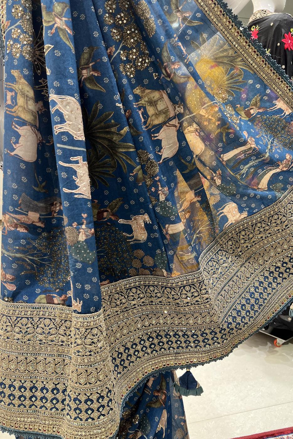 Blue Pichwai Print and Sequins work Saree with Matching Semi Stitched Designer Blouse - Seasons Chennai
