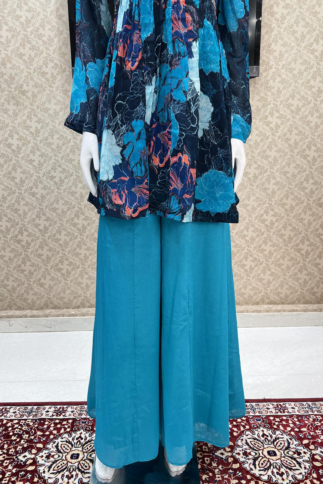 Blue Pearl, Beads and Sequins work Alia Cut Peplum Top with Palazzo Suit Set - Seasons Chennai
