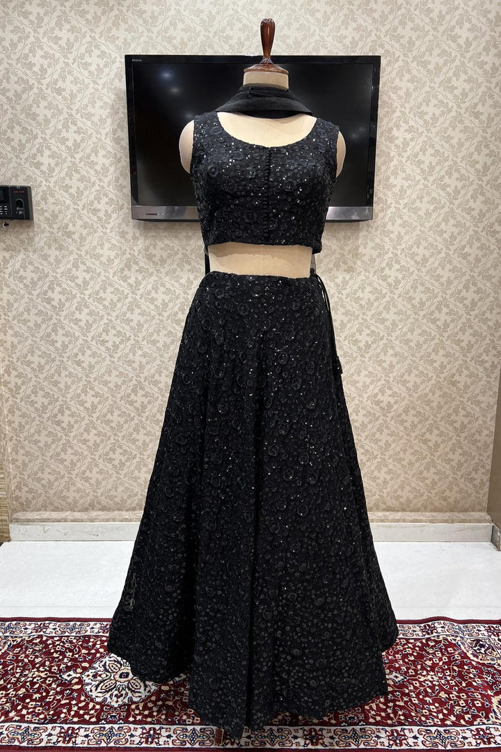 Black Embroidery and Sequins work Crop Top Lehenga - Seasons Chennai