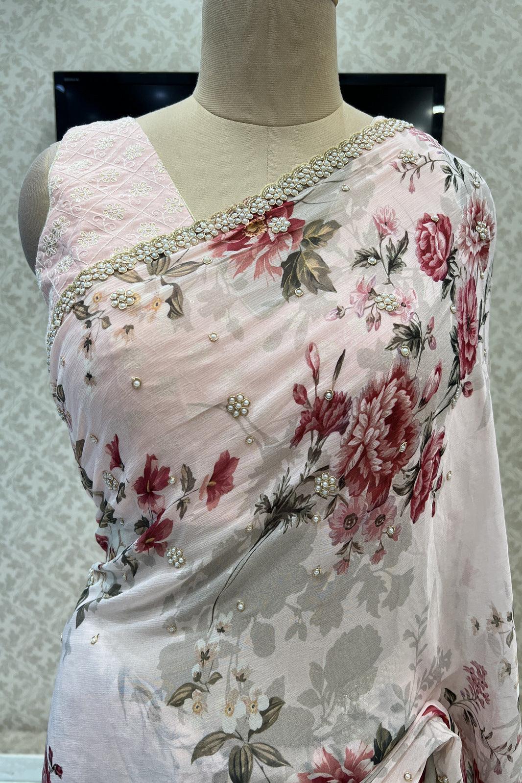 Baby Pink Floral Print Pearl and Beads work Saree with Matching Unstitched Designer Blouse - Seasons Chennai