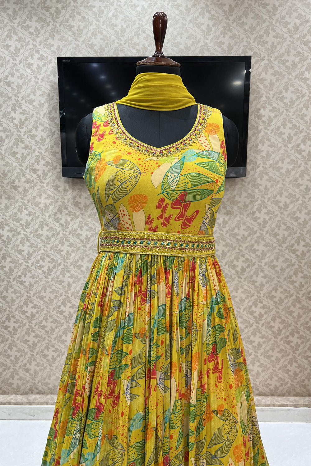Yellow Multicolor Digital Print, Sequins, Mirror and Stone work Floor Length Anarkali Suit - Seasons Chennai