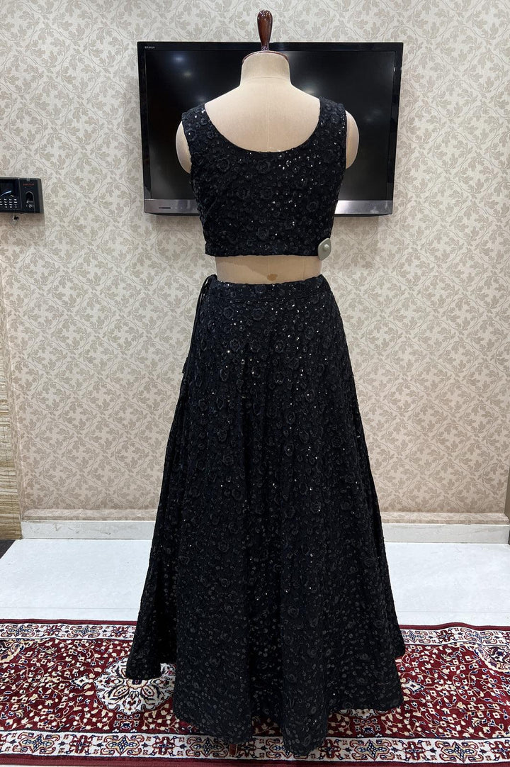 Black Embroidery and Sequins work Crop Top Lehenga - Seasons Chennai