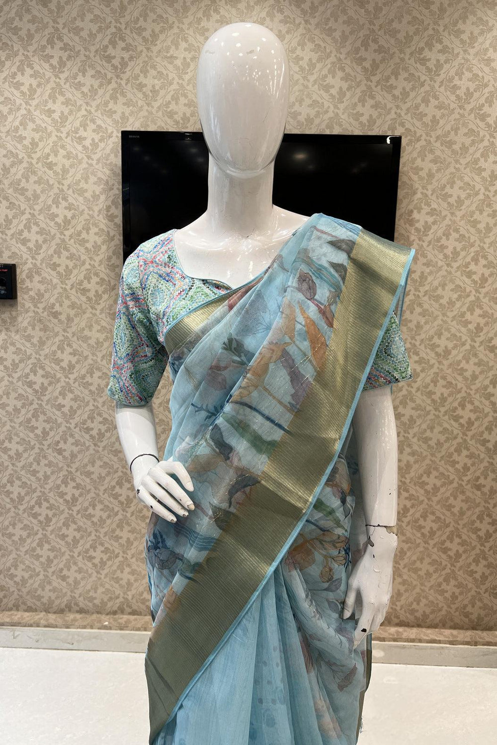 Sky Blue Double Layered Saree with Matching Unstitched Designer Blouse - Seasons Chennai