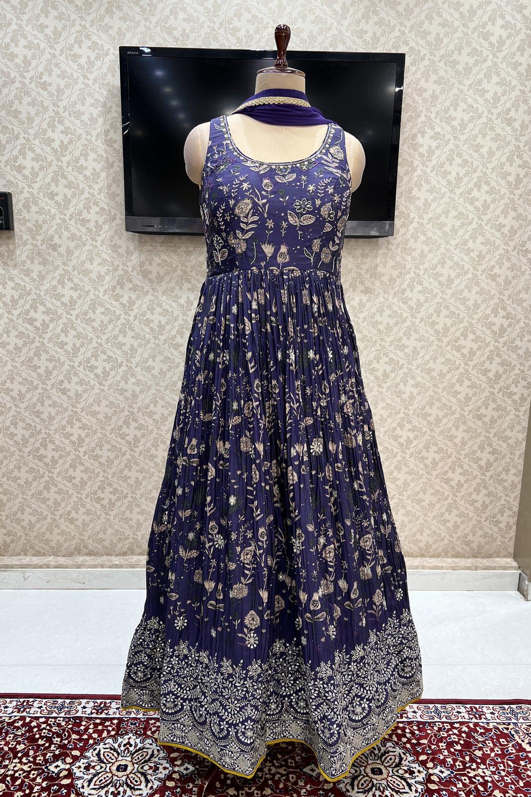 Dark Purple Sequins, Zari and Beads work Floor Length Anarkali Suit - Seasons Chennai
