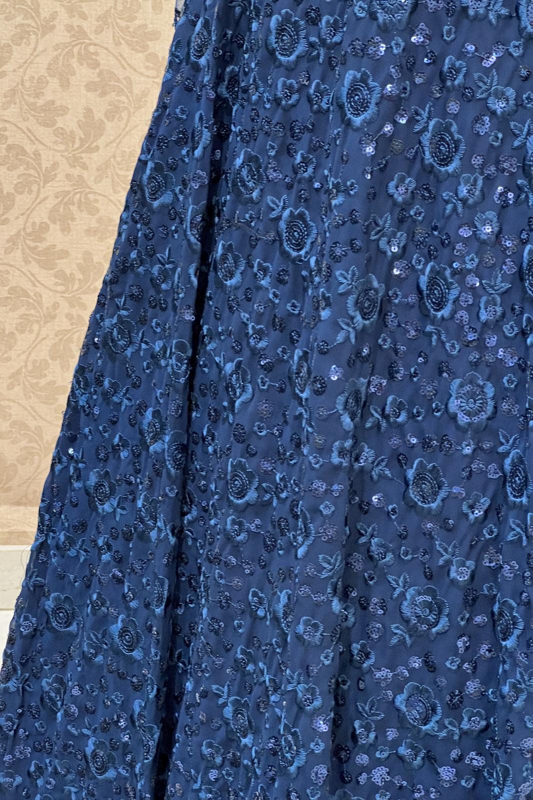 Peacock Blue Embroidery and Sequins work Crop Top Lehenga - Seasons Chennai