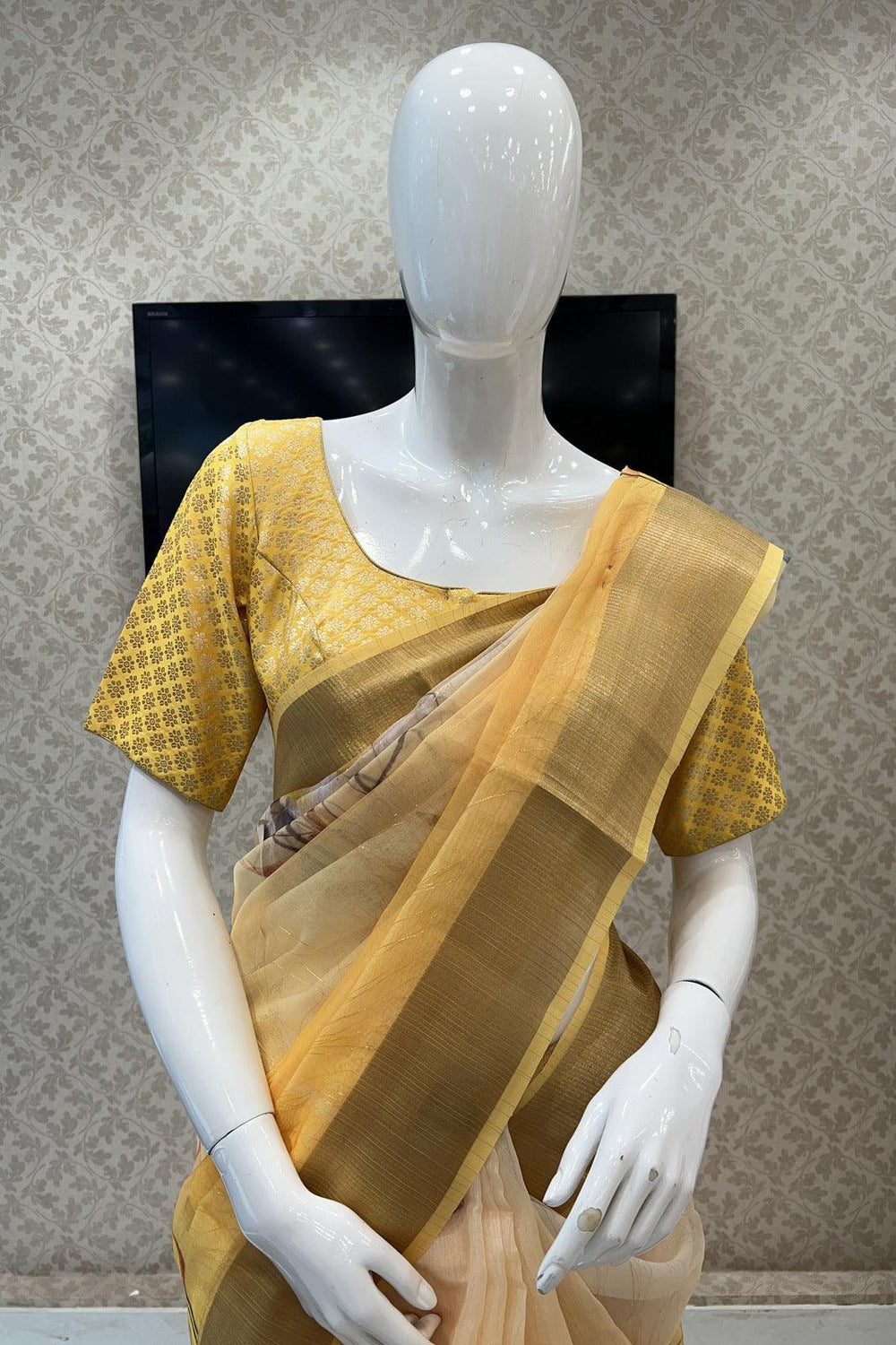 Yellow Double Layered Saree with Matching Unstitched Designer Blouse - Seasons Chennai
