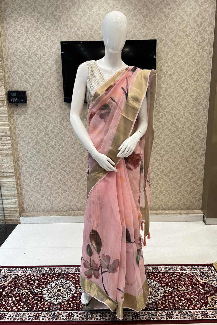 Baby Pink Double Layered Saree with Matching Unstitched Designer Blouse - Seasons Chennai