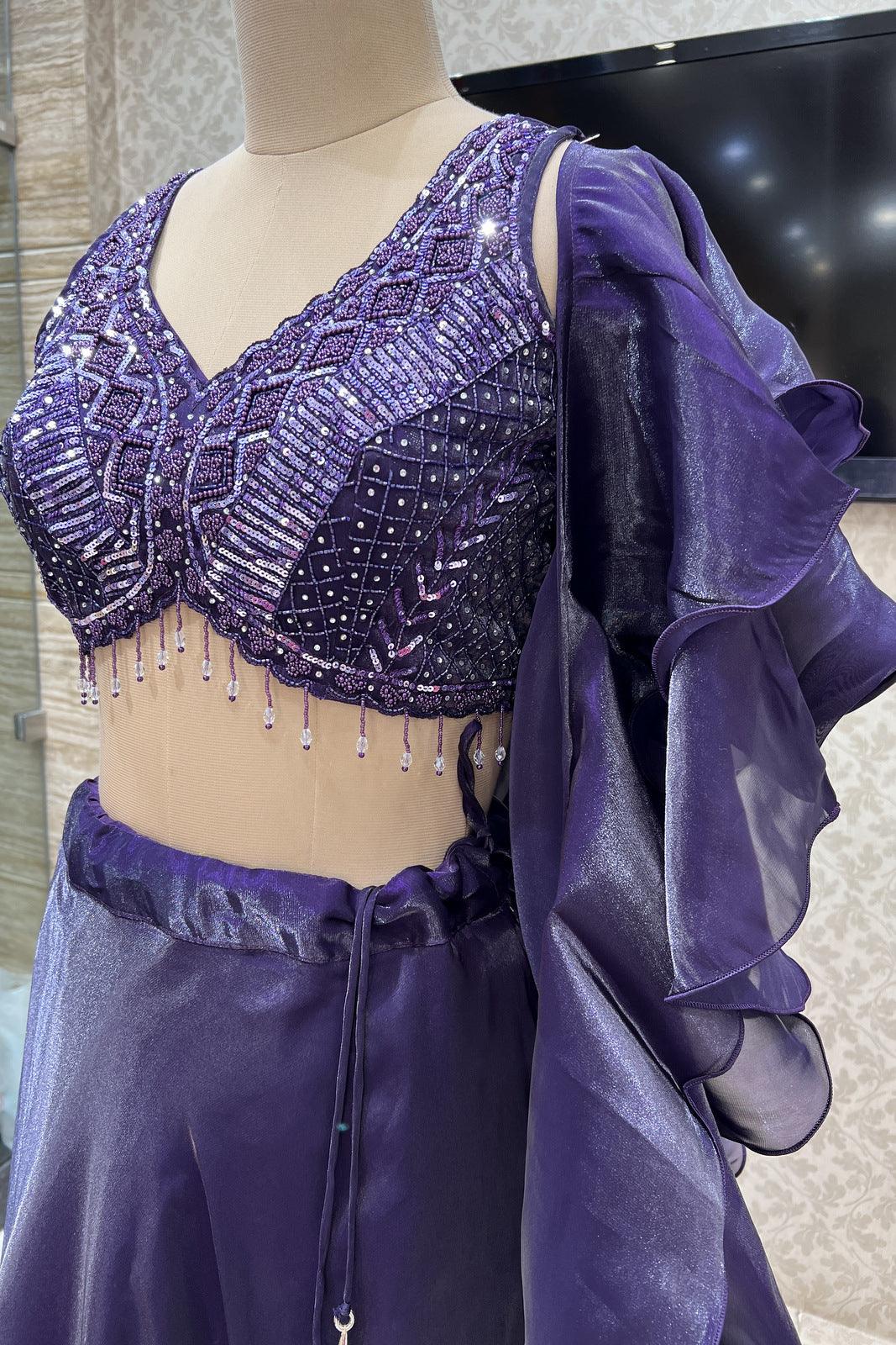 Purple Sequins, Beads and Stone work Crop Top Lehenga - Seasons Chennai
