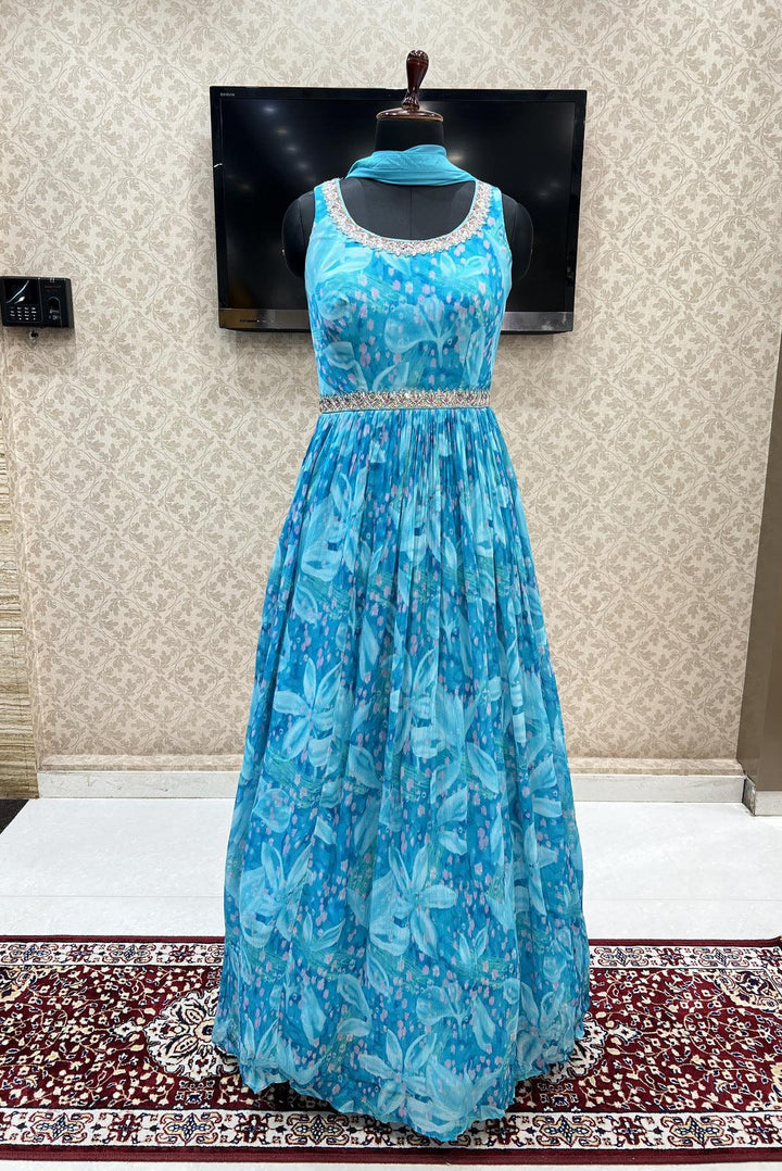 Sky Blue Stone, Zardozi, Sequins and Beads work with Tie and Dye Print Floor Length Anarkali Suit - Seasons Chennai