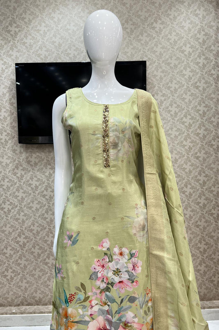 Pista Green Banaras, Stone, Zardozi and Thread work Straight Cut Salwar Suit - Seasons Chennai