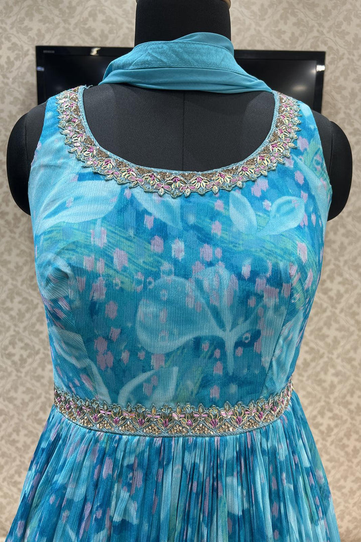 Sky Blue Stone, Zardozi, Sequins and Beads work with Tie and Dye Print Floor Length Anarkali Suit - Seasons Chennai
