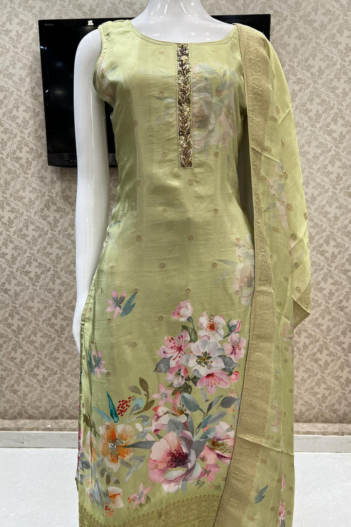 Pista Green Banaras, Stone, Zardozi and Thread work Straight Cut Salwar Suit - Seasons Chennai