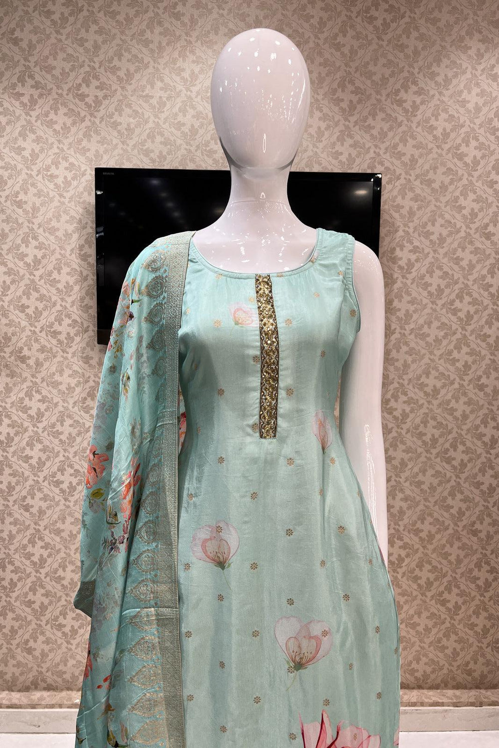 Aqua Blue Printed, Banaras, Sequins and Stone work Straight Cut Salwar Suit - Seasons Chennai