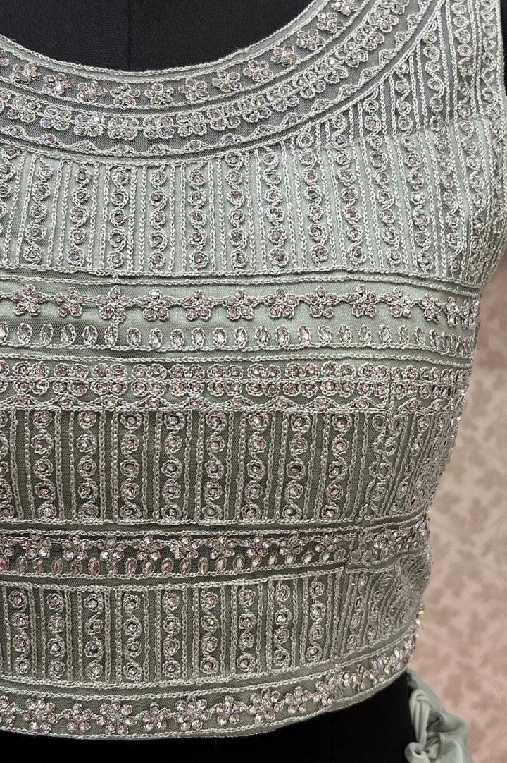 Pista Green Embroidery and Stone work Crop Top Lehenga - Seasons Chennai