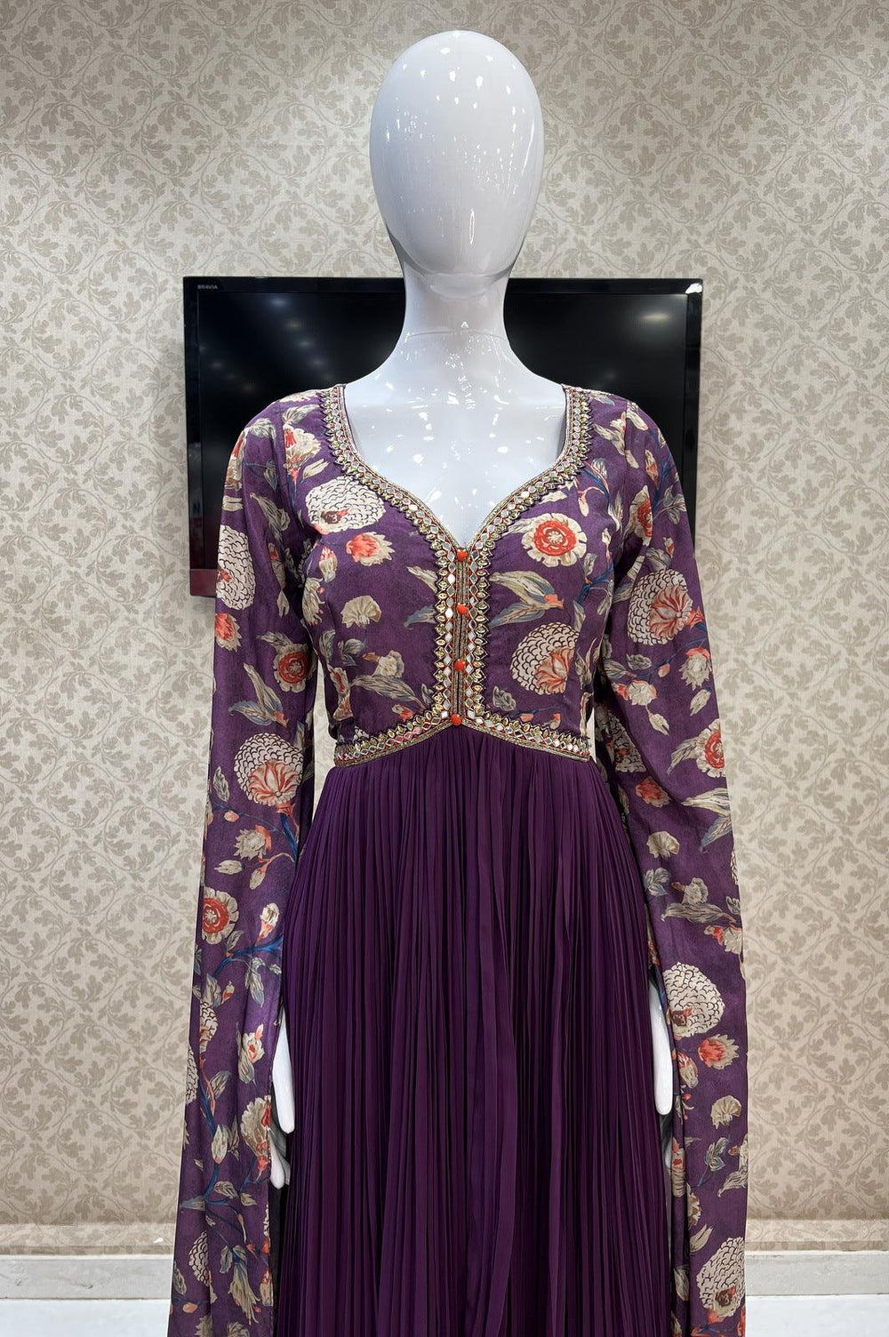 Dark Purple Floral Print, Mirror, Beads and Sequins work Floor Length Anarkali Suit - Seasons Chennai
