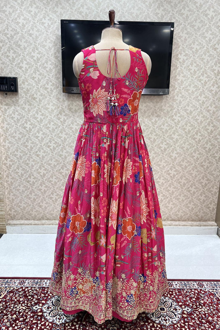 Fluorescent Pink Sequins and Zari work with Floral Print Floor Length Anarkali Suit - Seasons Chennai