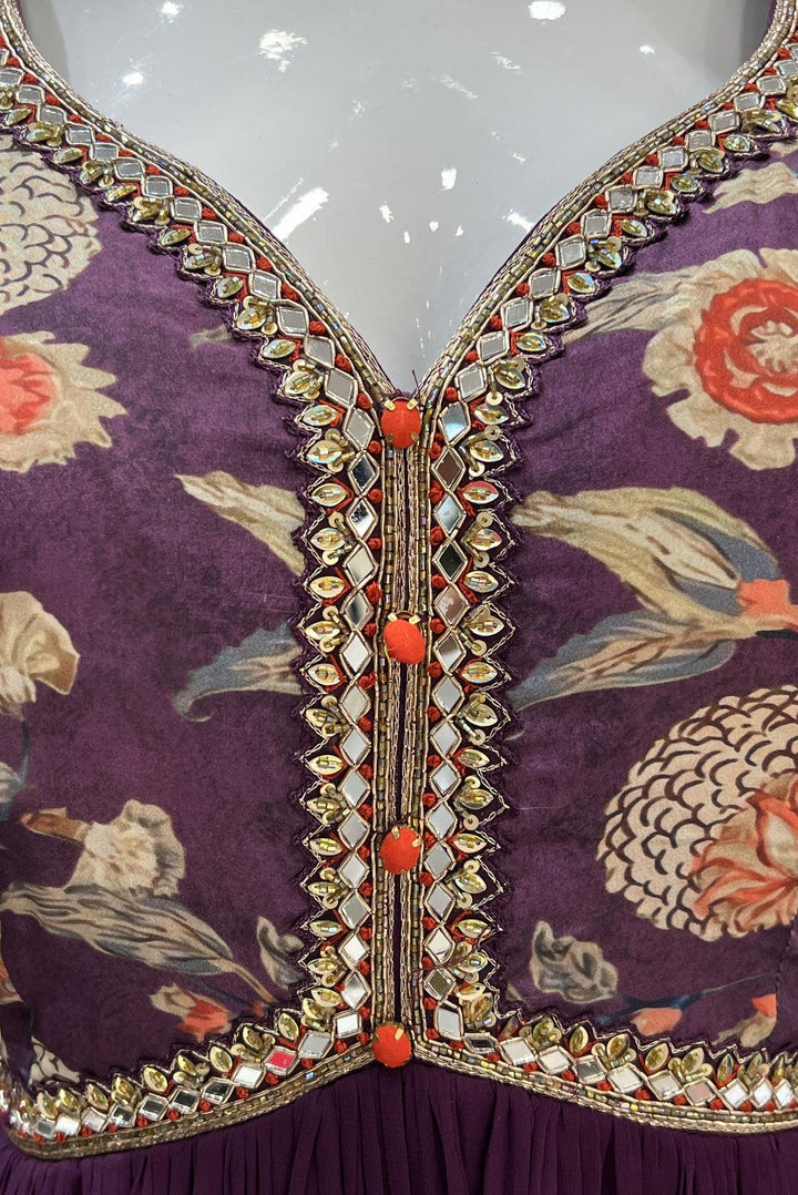 Dark Purple Floral Print, Mirror, Beads and Sequins work Floor Length Anarkali Suit - Seasons Chennai