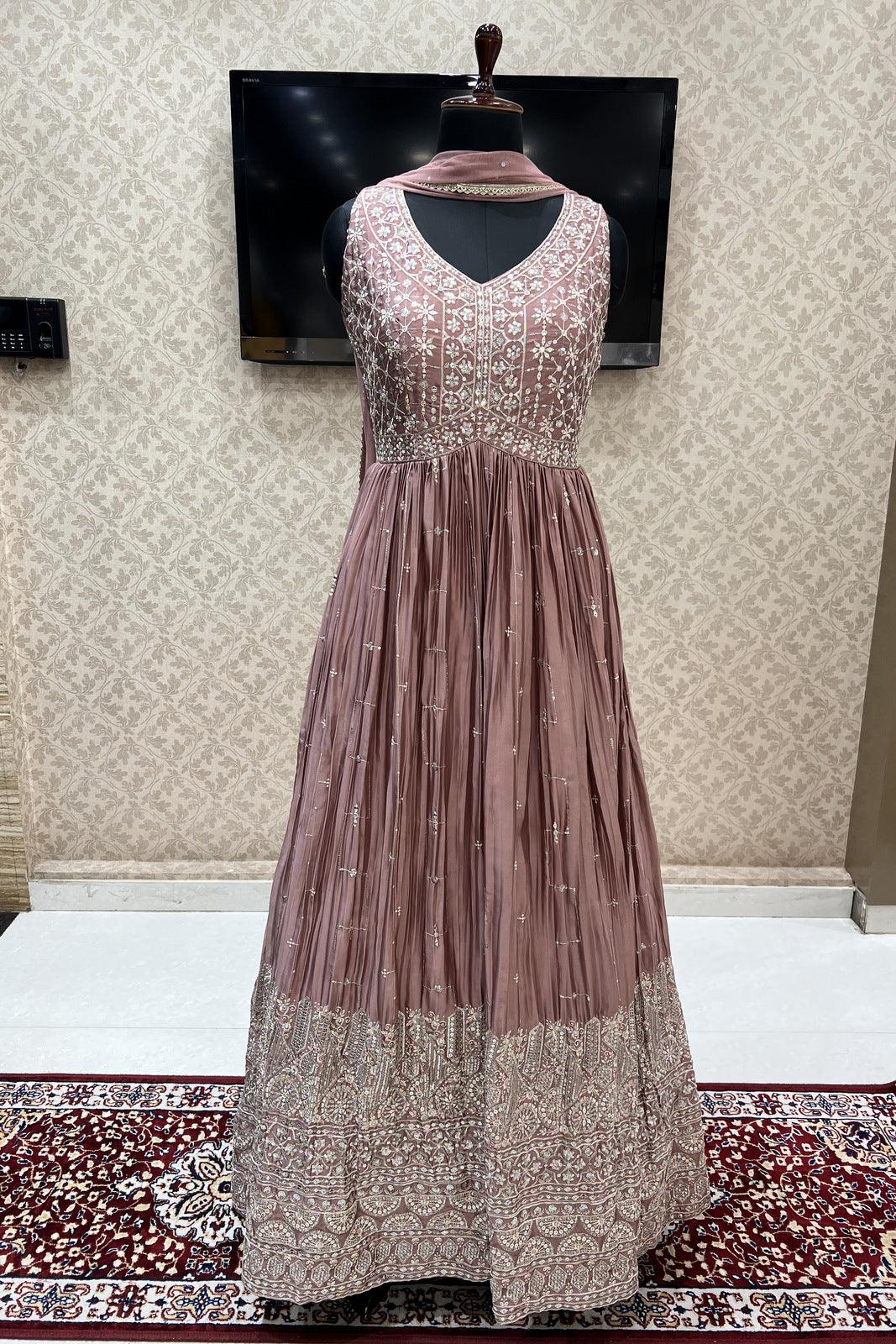 Onion Pink Sequins, Zari and Thread work Floor Length Anarkali Suit - Seasons Chennai