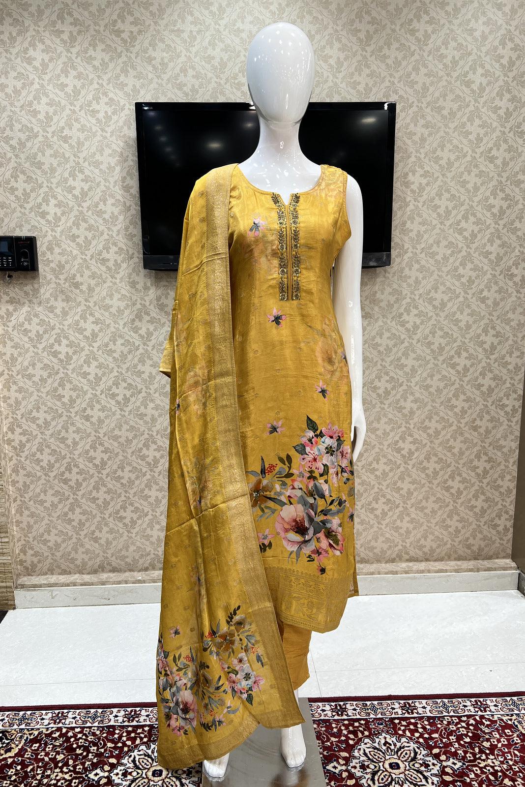 Yellow Printed, Zardozi, Beads and Banaras work Straight Cut Salwar Suit - Seasons Chennai