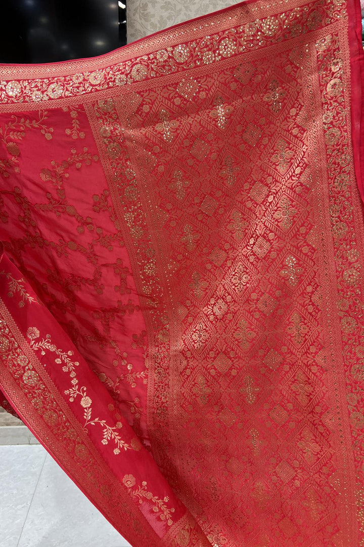 Red Banaras and Sequins work Saree with Matching Unstitched Blouse - Seasons Chennai