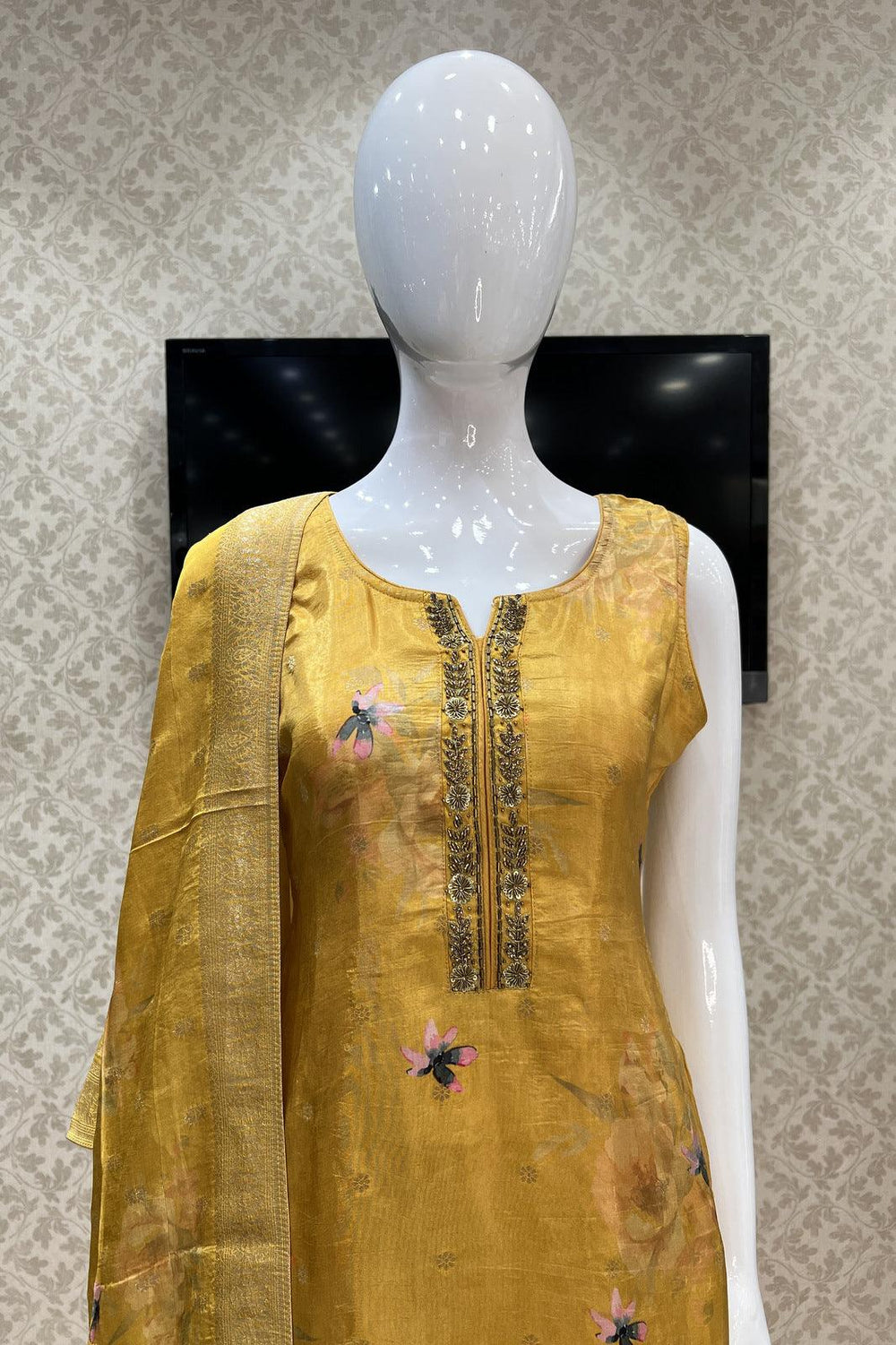 Yellow Printed, Zardozi, Beads and Banaras work Straight Cut Salwar Suit - Seasons Chennai