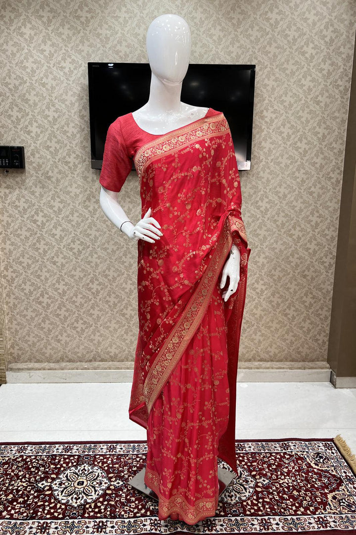 Red Banaras and Sequins work Saree with Matching Unstitched Blouse - Seasons Chennai