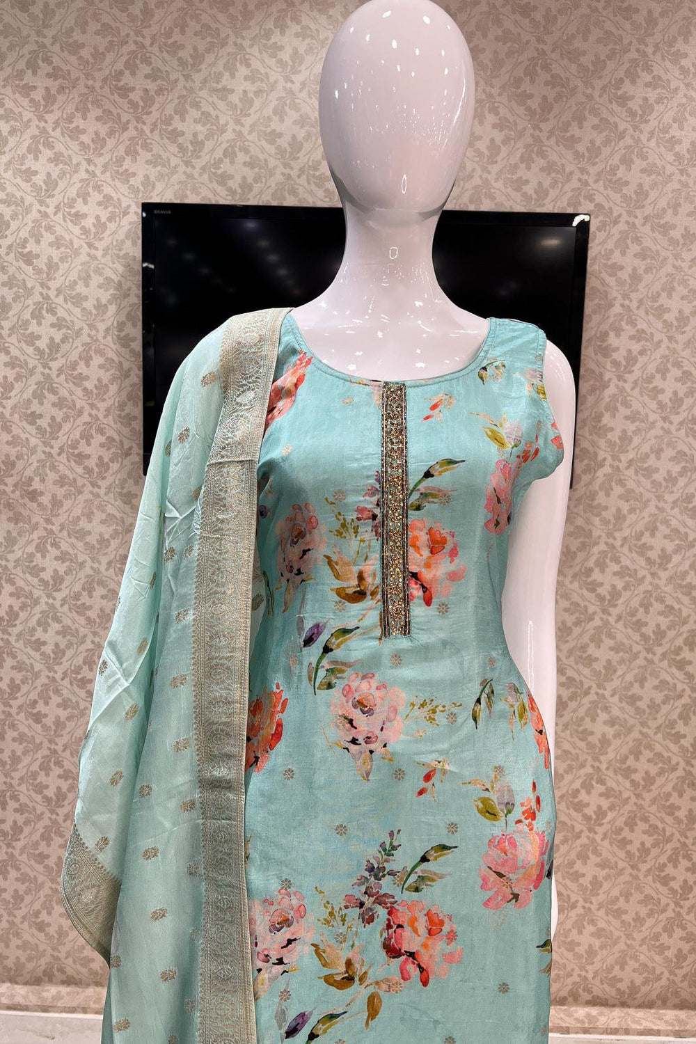 Pista Green Printed, Stone, Beads and Banaras work Straight Cut Salwar Suit - Seasons Chennai