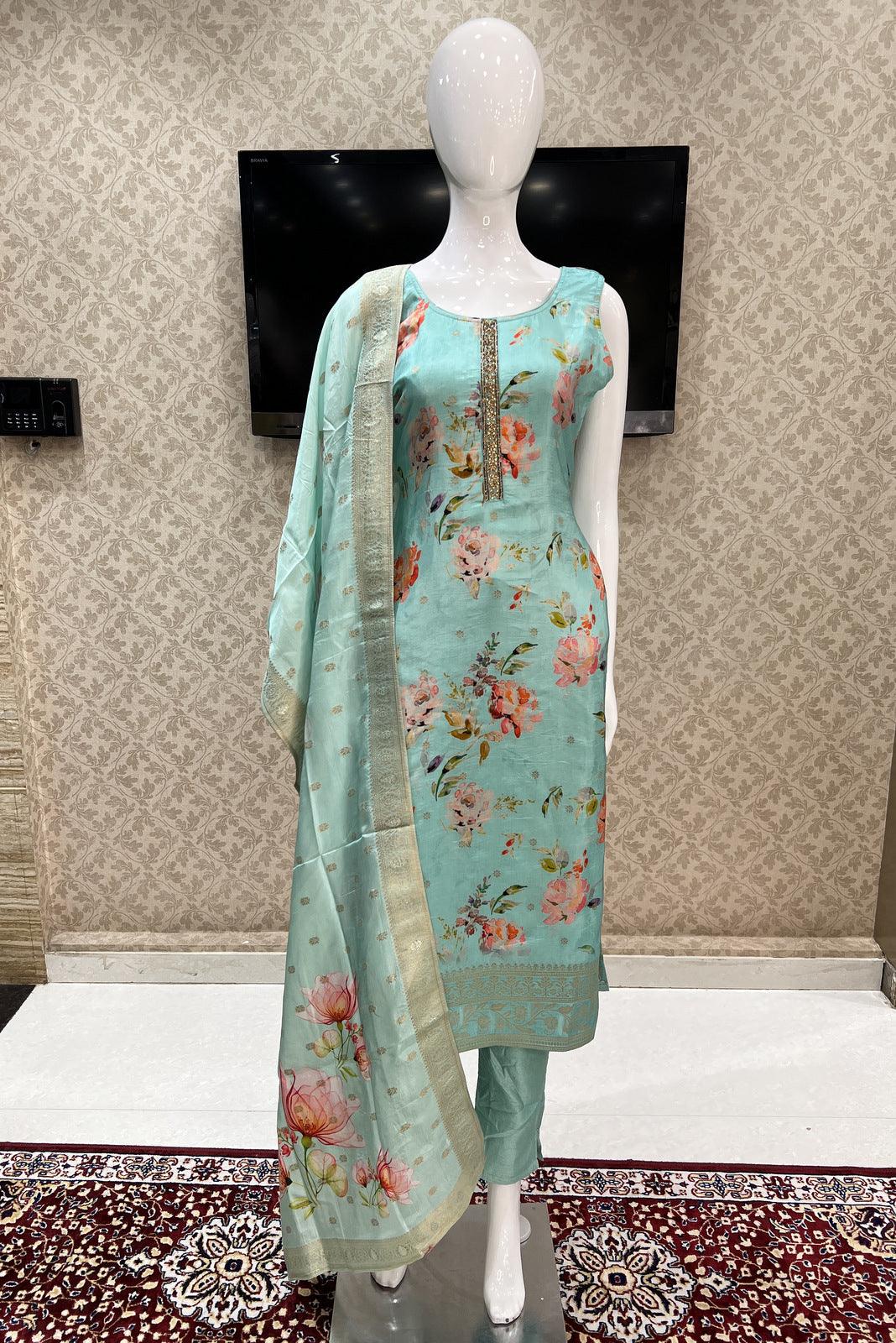 Pista Green Printed, Stone, Beads and Banaras work Straight Cut Salwar Suit - Seasons Chennai