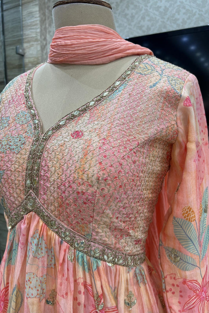 Peach Zari, Sequins and Zardozi work with Digital Print Floor Length Alia Cut Anarkali Suit - Seasons Chennai