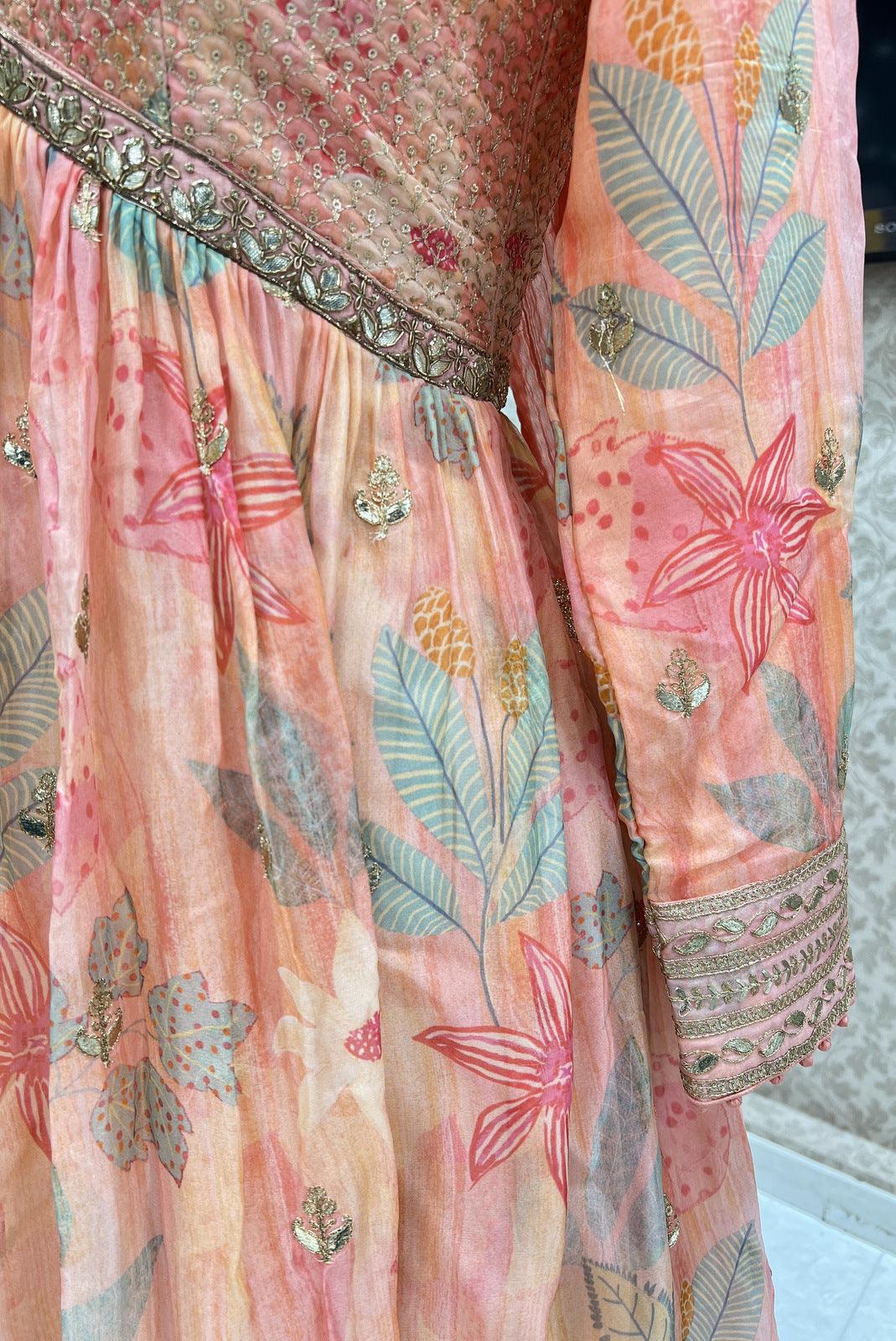 Peach Zari, Sequins and Zardozi work with Digital Print Floor Length Alia Cut Anarkali Suit - Seasons Chennai