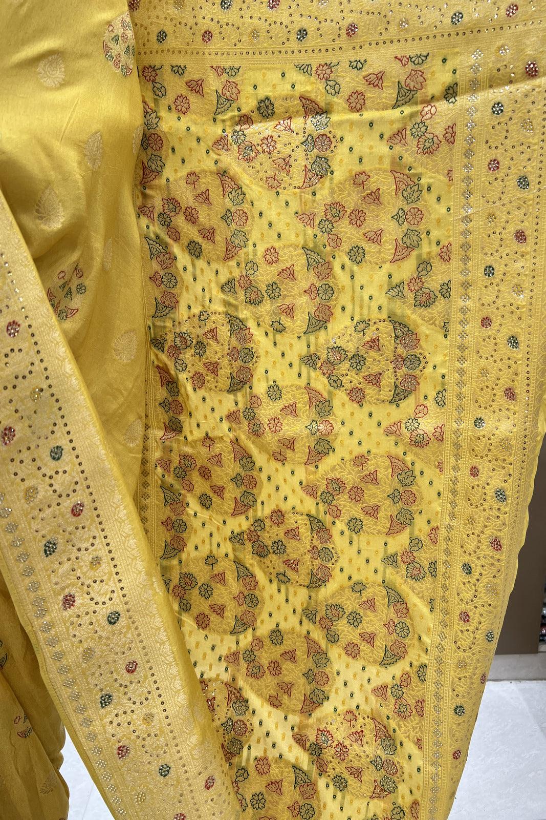 Yellow Banaras and Stone work Saree with Matching Unstitched Blouse - Seasons Chennai