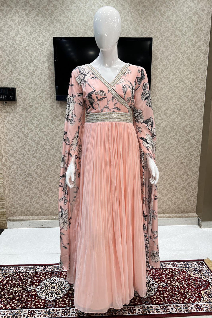 Peach Printed, Beads and Pearl work Floor Length Anarkali Suit - Seasons Chennai