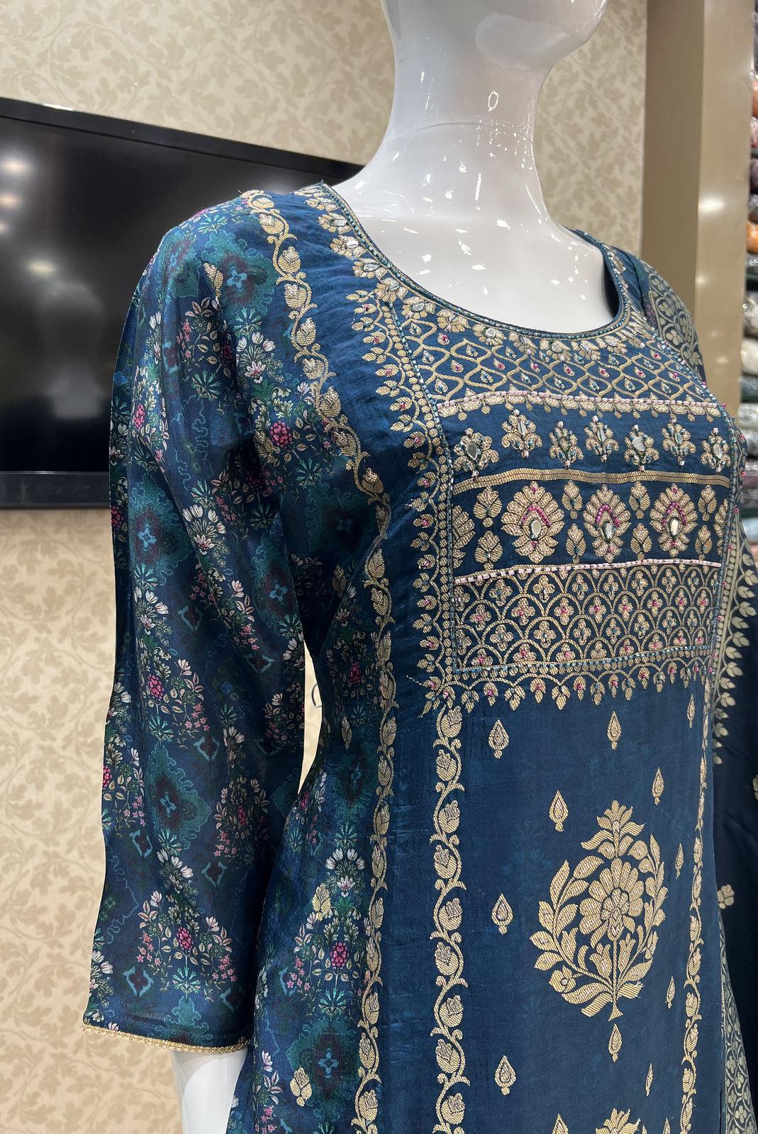 Peacock Blue Beads, Mirror and Banaras work with Digital Print Straight Cut Salwar Suit - Seasons Chennai