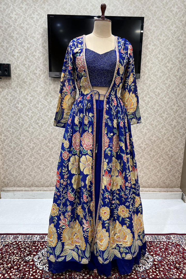 Royal Blue Beads work with Floral Print Long Overcoat Styled Crop Top Lehenga - Seasons Chennai