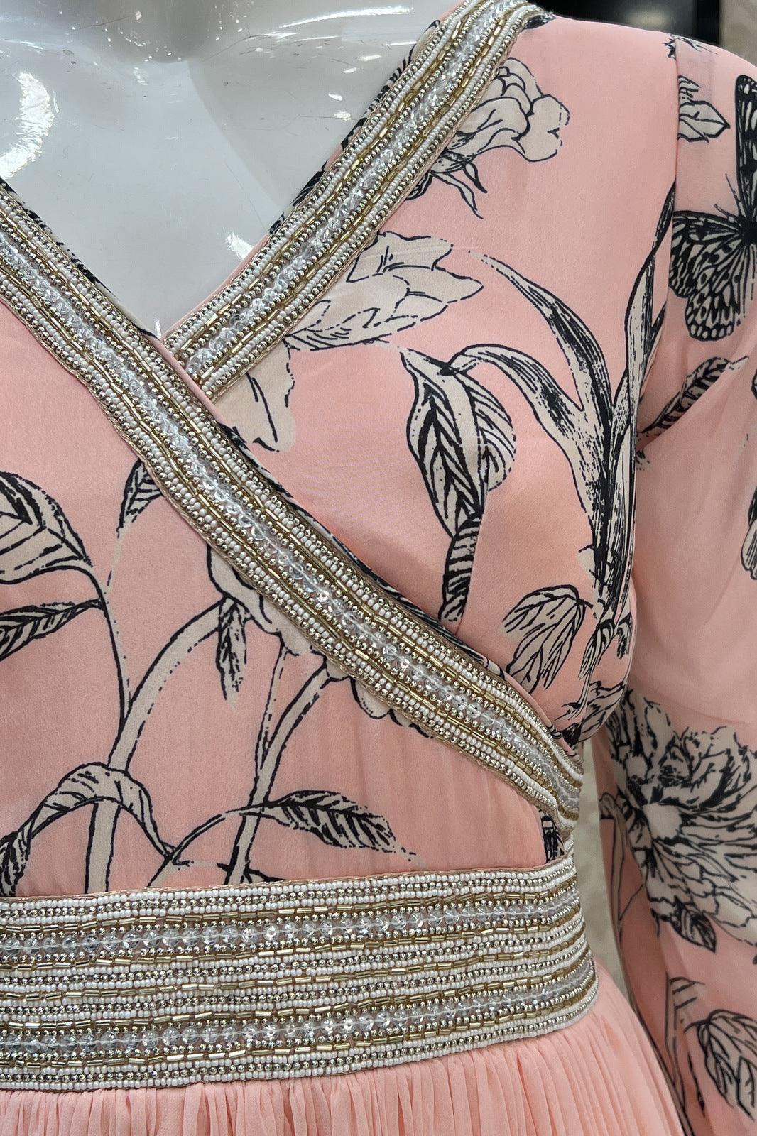 Peach Printed, Beads and Pearl work Floor Length Anarkali Suit - Seasons Chennai