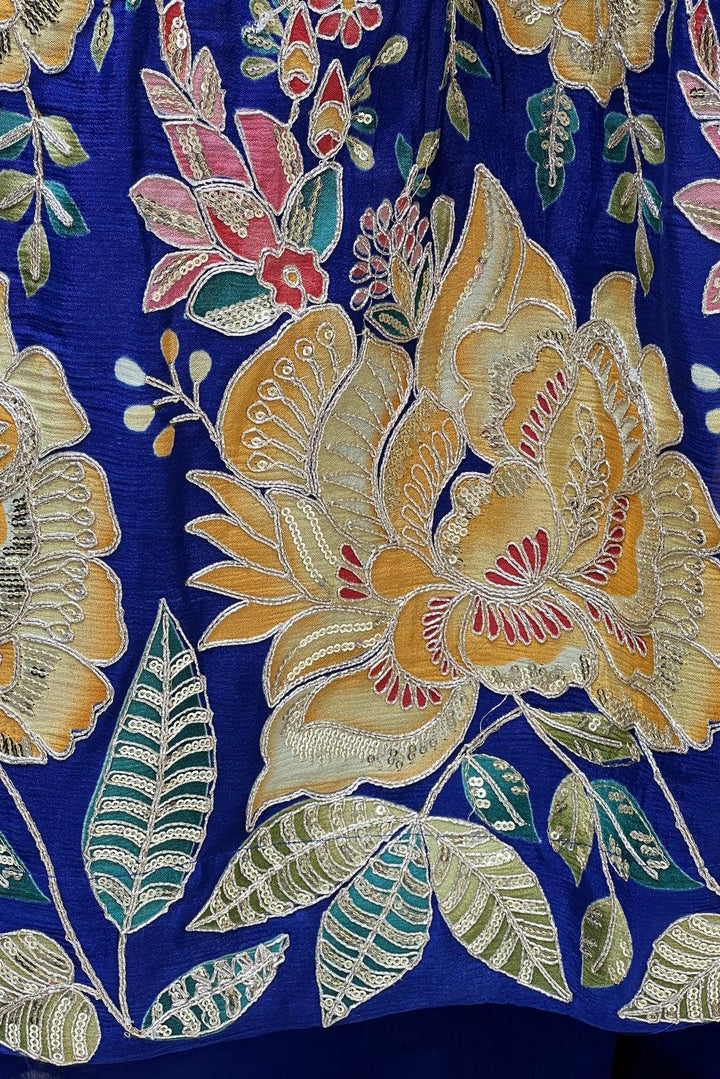 Royal Blue Beads work with Floral Print Long Overcoat Styled Crop Top Lehenga - Seasons Chennai