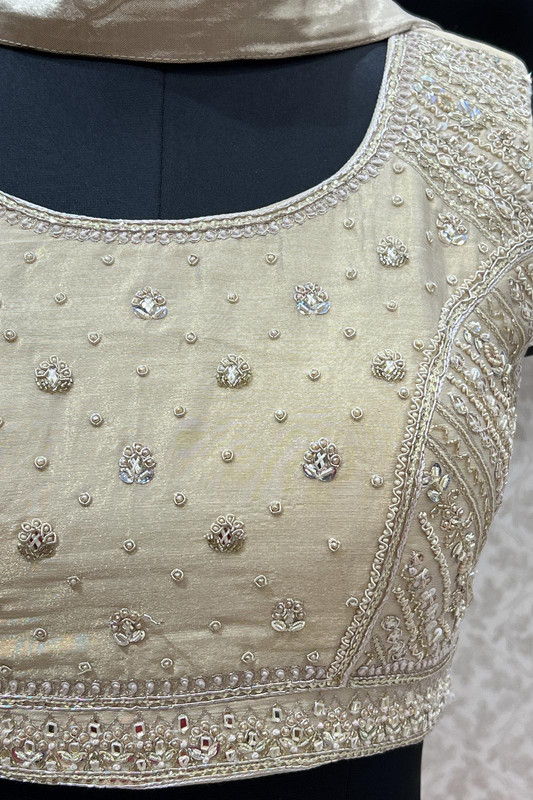 Beige Embroidery, Mirror, Zari, Beads and Sequins work Crop Top Lehenga - Seasons Chennai