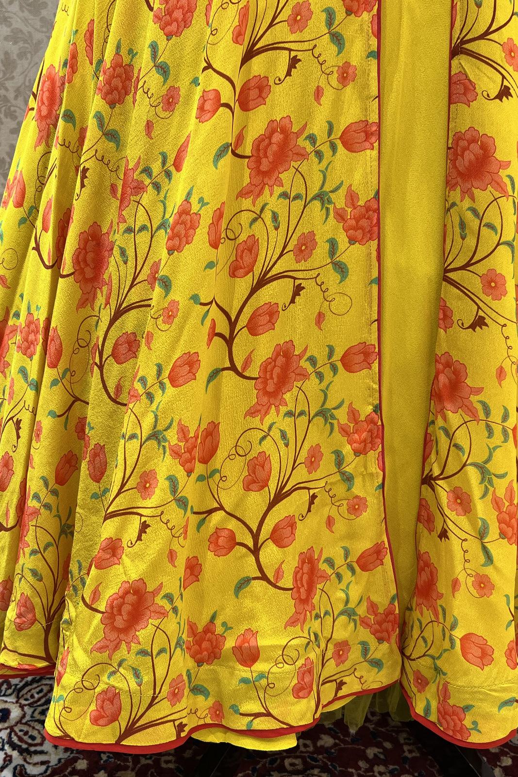 Lemon Yellow Mirror, Zardozi and Stone work with Floral Print Floor Length Anarkali Suit - Seasons Chennai