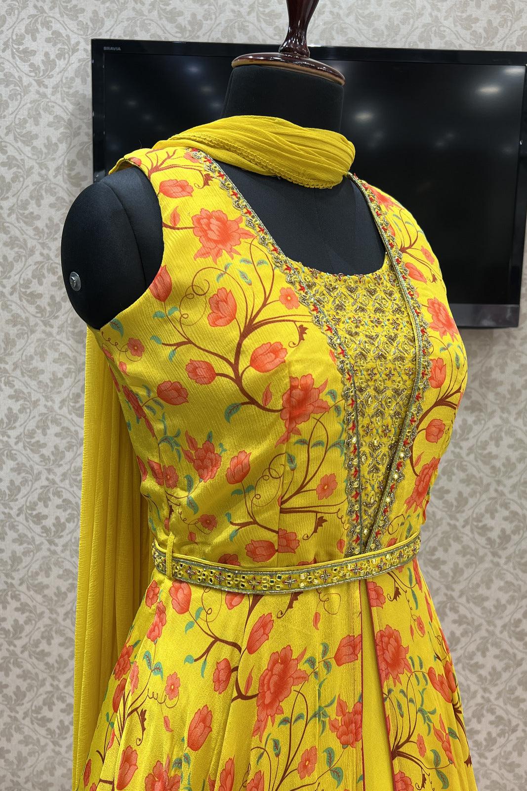 Lemon Yellow Mirror, Zardozi and Stone work with Floral Print Floor Length Anarkali Suit - Seasons Chennai