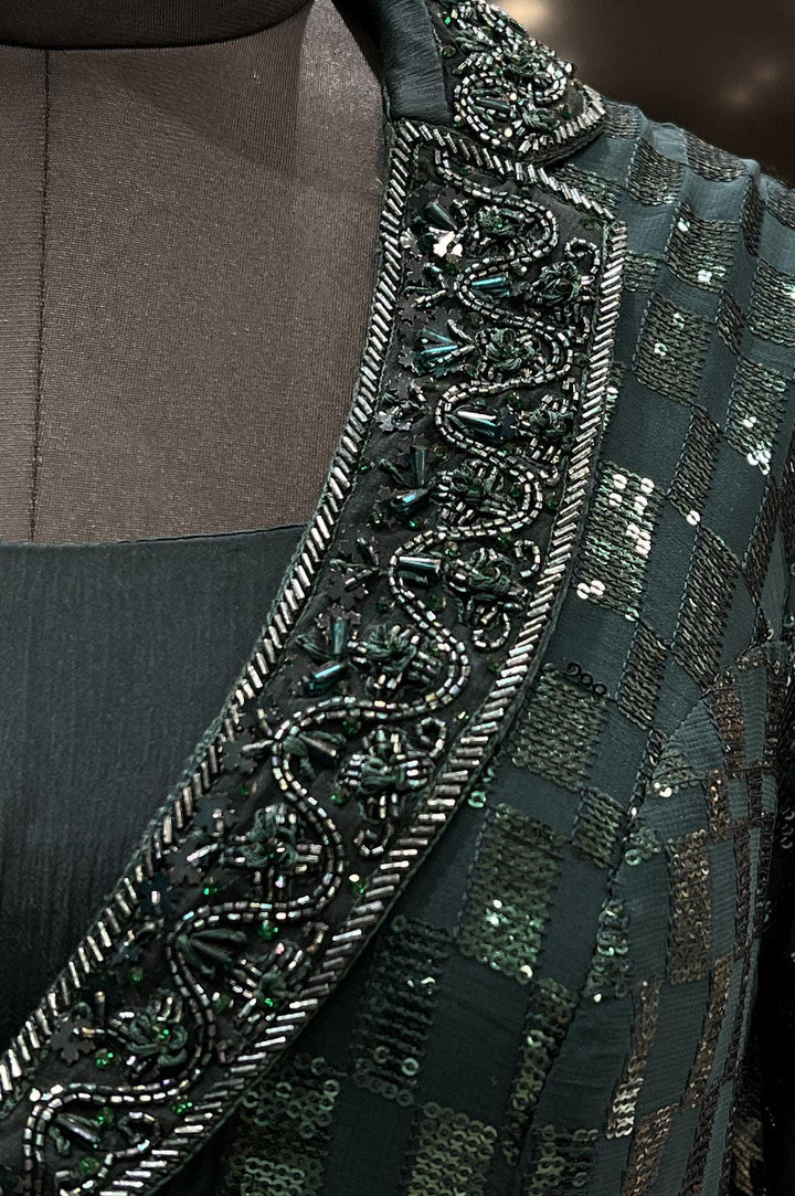 Bottle Green Sequins and Beads work Western Style Floor Length Anarkali Gown - Seasons Chennai