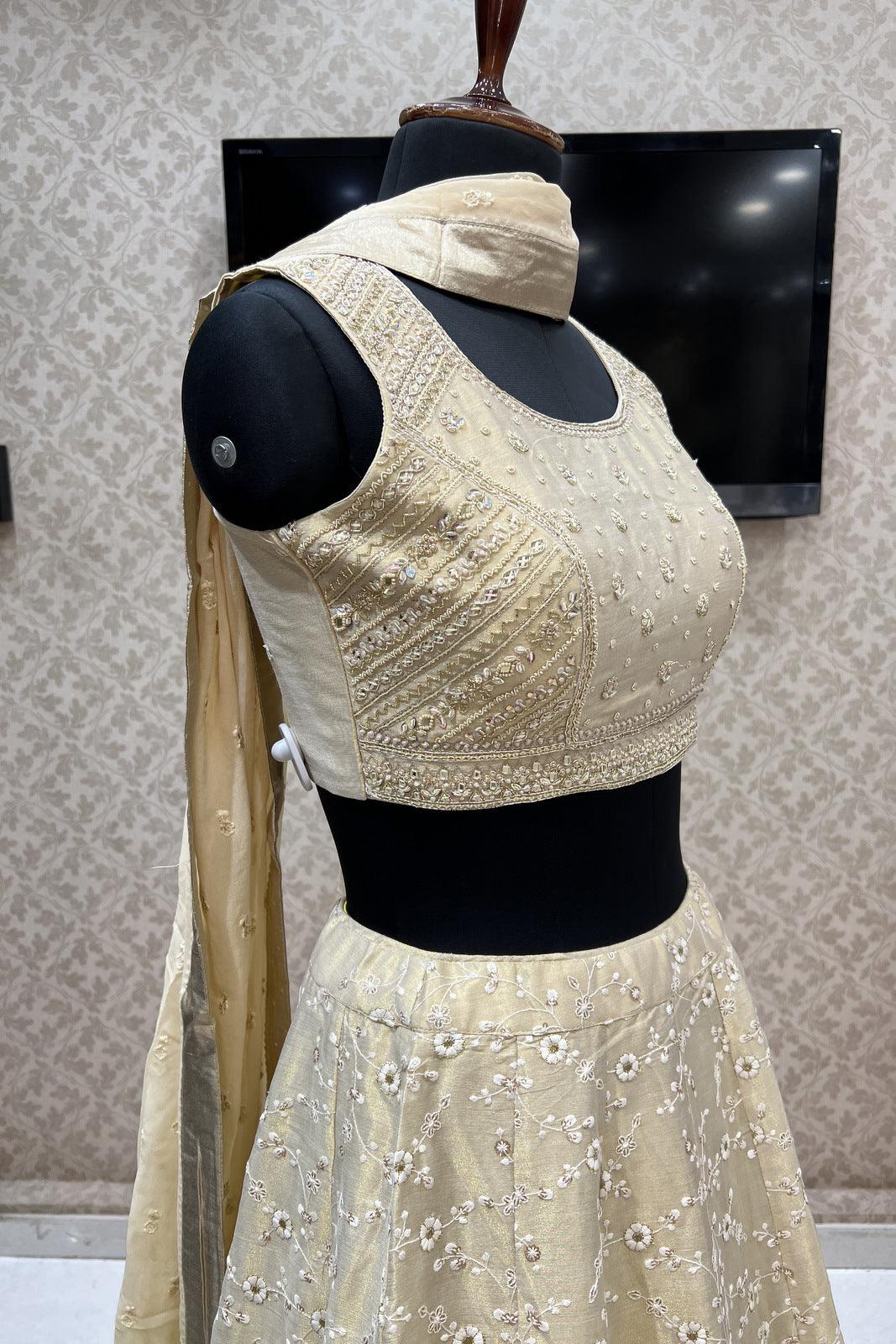 Beige Embroidery, Mirror, Zari, Beads and Sequins work Crop Top Lehenga - Seasons Chennai