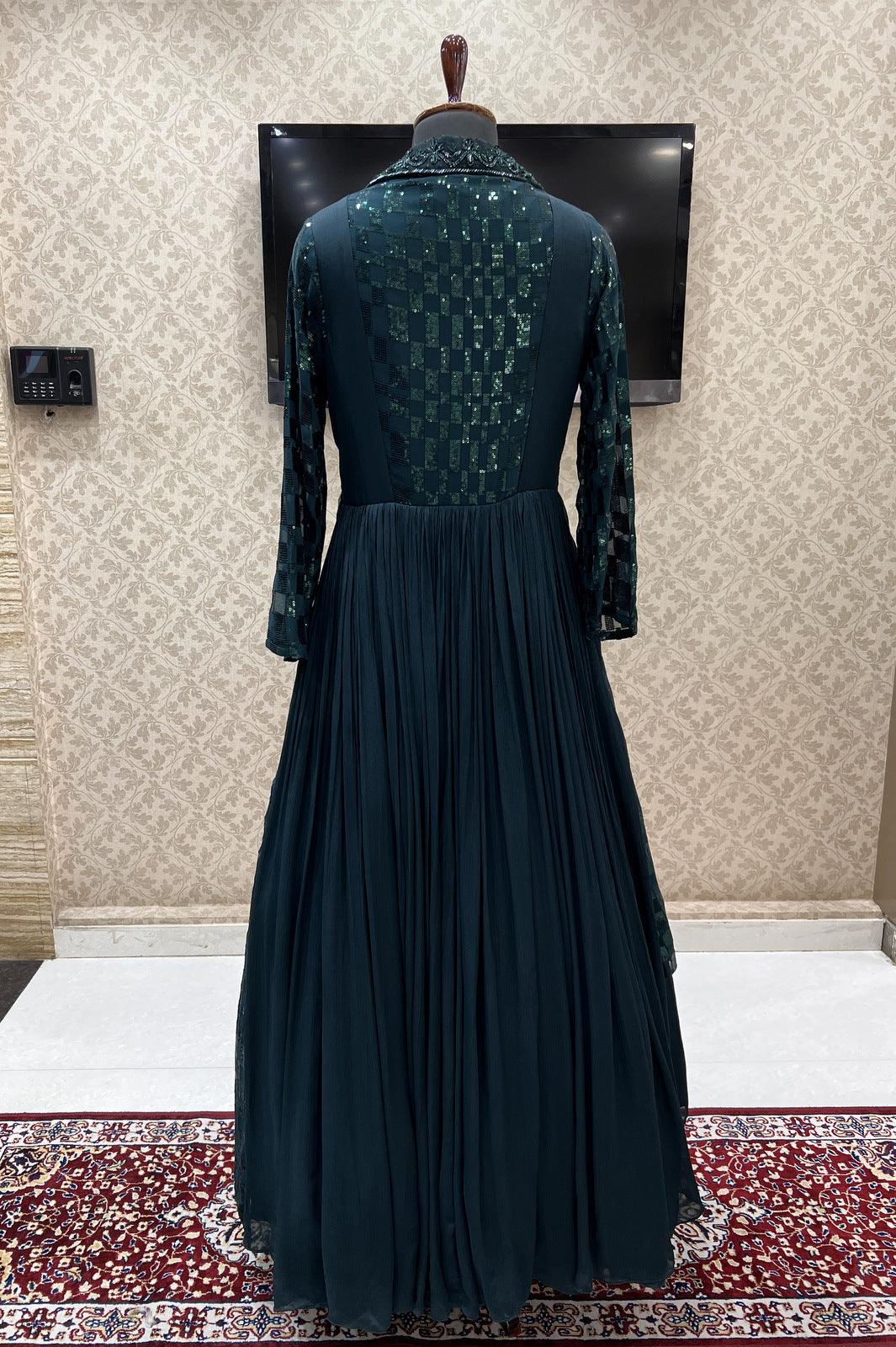 Bottle Green Sequins and Beads work Western Style Floor Length Anarkali Gown - Seasons Chennai