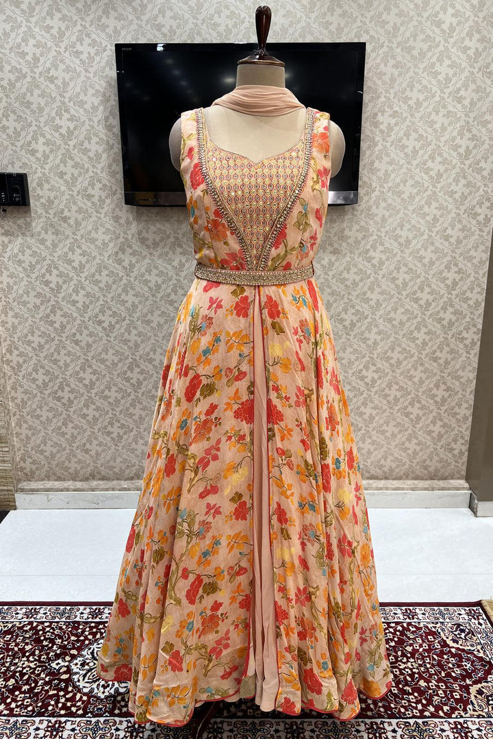 Peach Mirror, Thread and Stone work with Digital Print Floor Length Anarkali Suit - Seasons Chennai