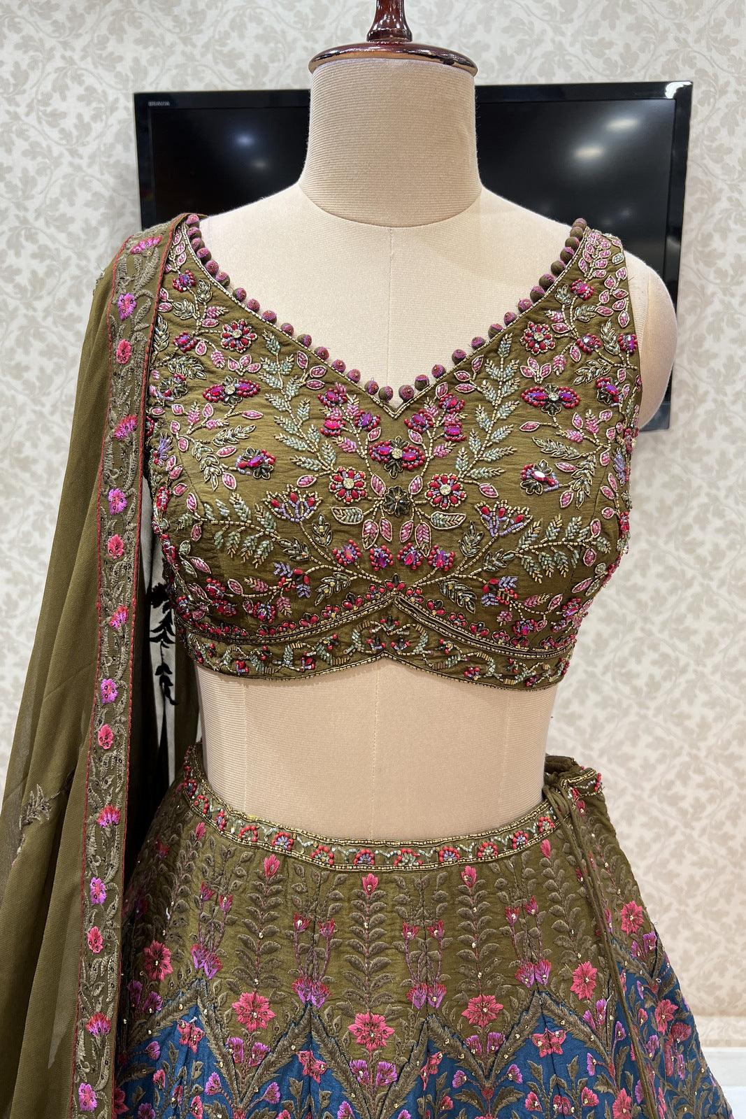 Mehendi Green with Multicolor Embroidery and Stone work Crop Top Designer Bridal Lehenga - Seasons Chennai