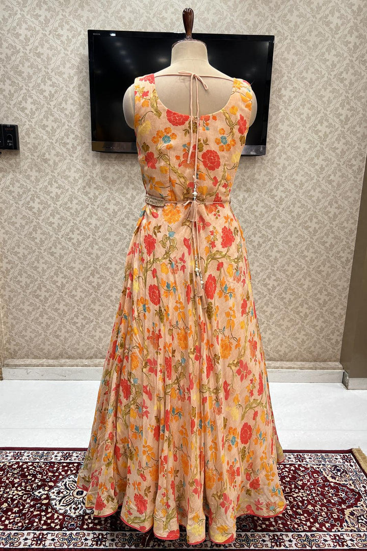 Peach Mirror, Thread and Stone work with Digital Print Floor Length Anarkali Suit - Seasons Chennai