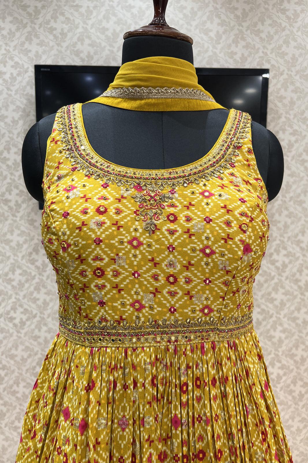 Yellow Patola Print, Zari, Mirror, Stone, Zardozi and Kundan work Floor Length Anarkali Suit - Seasons Chennai