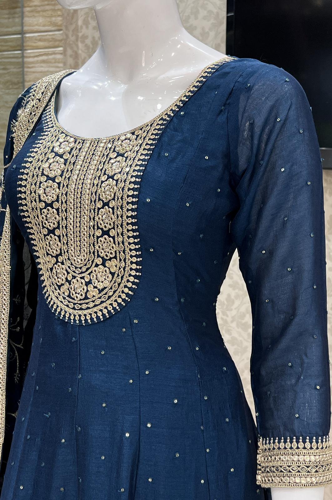 Peacock Blue Zari and Sequins work Anarkali Style Salwar Suit with Straight Pants - Seasons Chennai