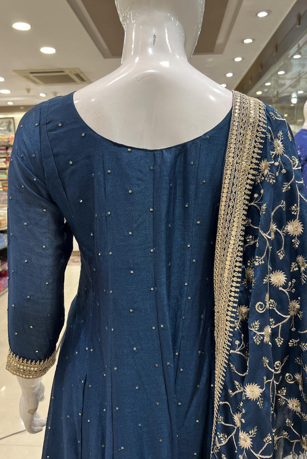 Peacock Blue Zari and Sequins work Anarkali Style Salwar Suit with Straight Pants - Seasons Chennai